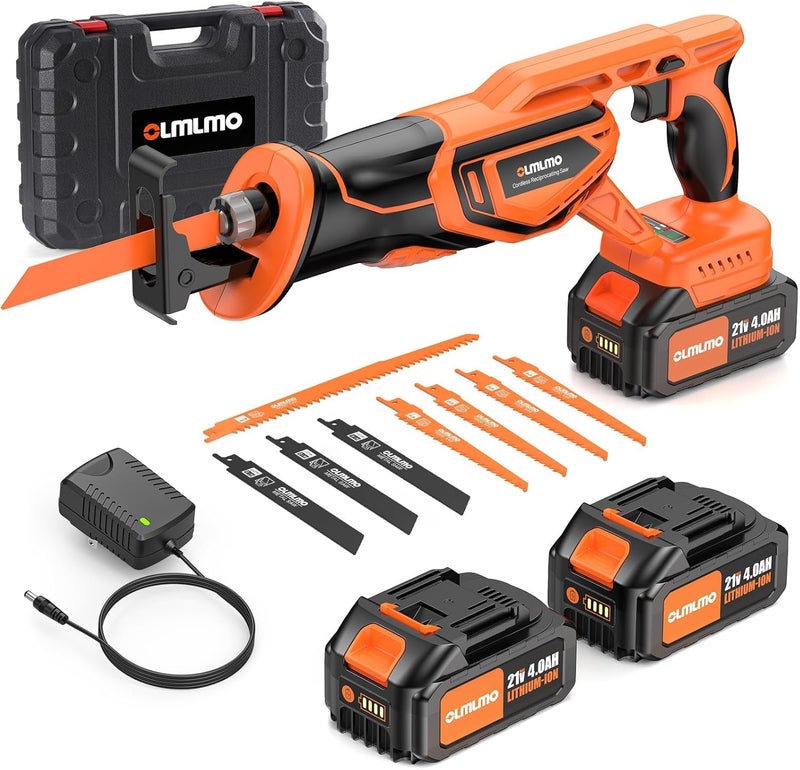 olmlmo Reciprocating Saw Cordless with 8 Blades: 2 x 4.0Ah Battery, Brushless Motor 3300 RPM, Cordless Reciprocating Saw Kit for Wood PVC Metal Tree Bone Cutting DIY (Orange) - Image 1